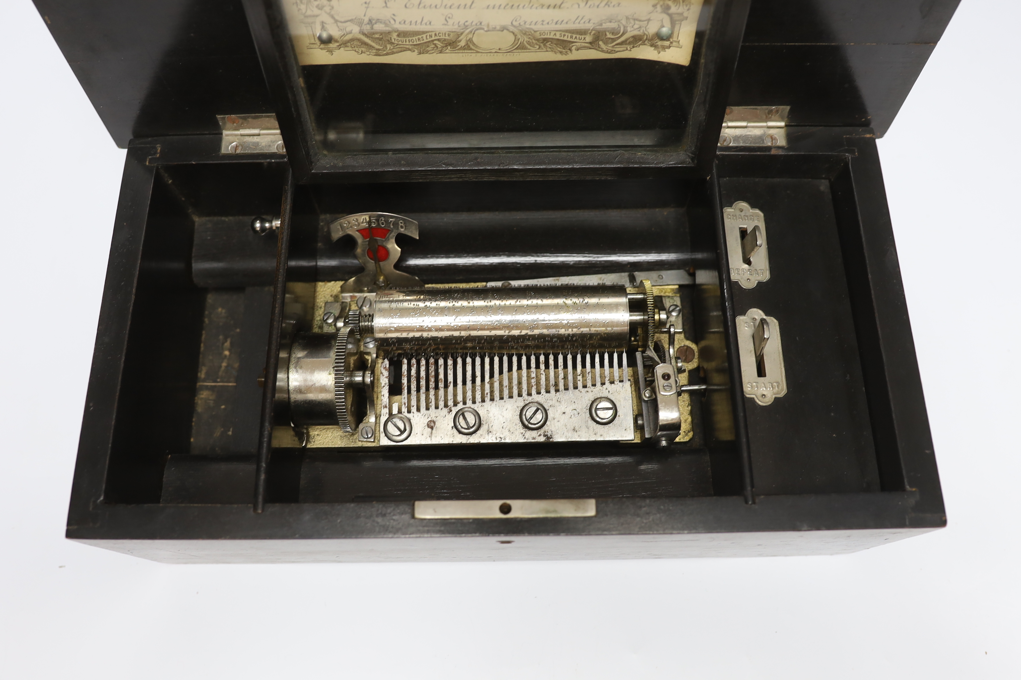 A 19th century Swiss cylinder music box (not working), 35cm wide